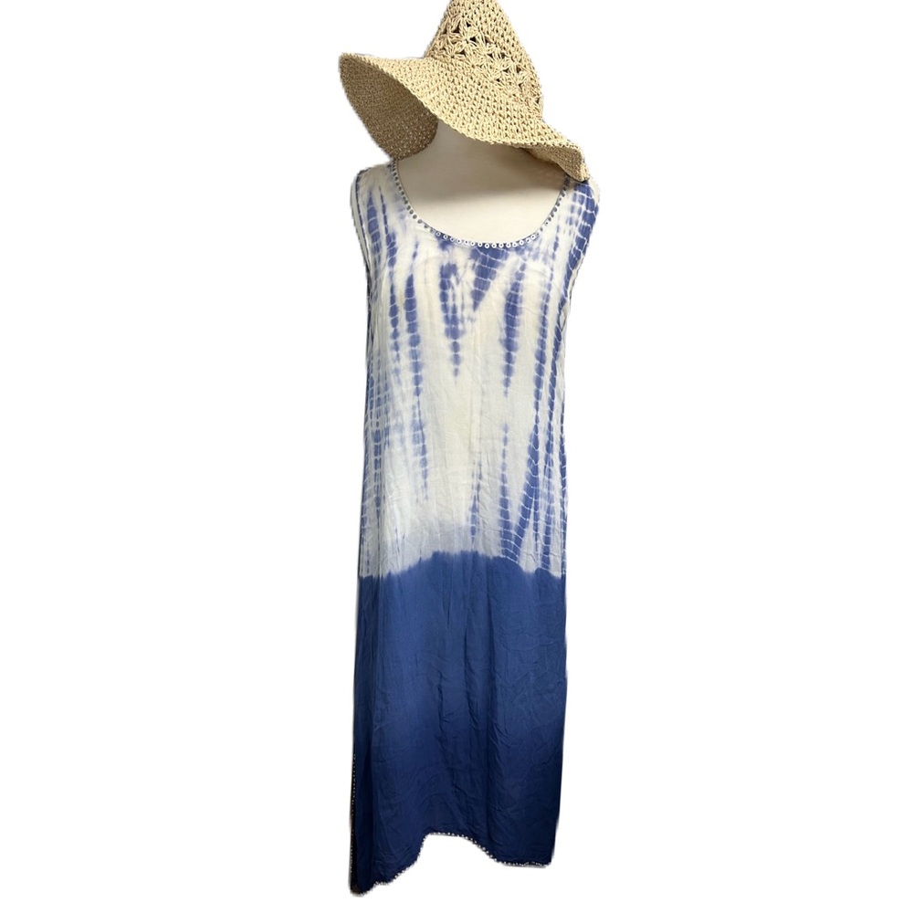 Soft Surroundings Maxi Dress Large Tie-Dye Blue and White Sleeveless Beachy READ